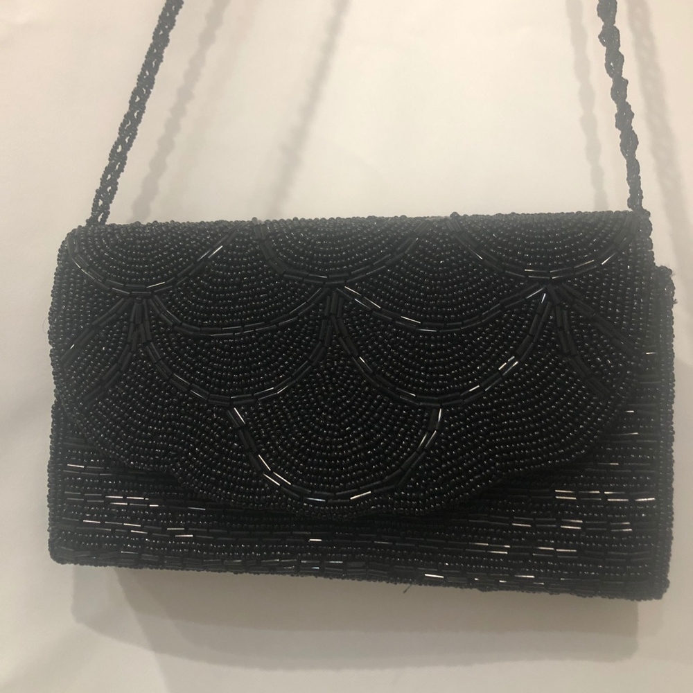 Lulu Townsend Black Beaded Evening Clutch with Chain Strap – Formal Mini Bag